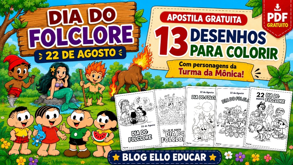 Desenho para colorir sobre o dia do Folclore grátis: apostila com 13 desenhos