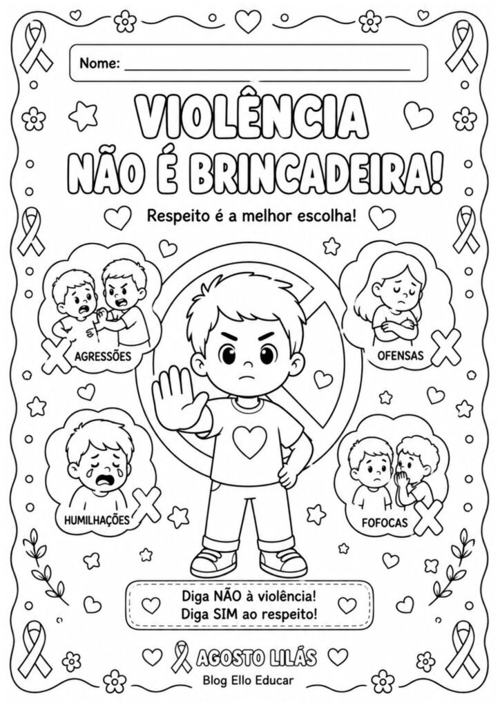 Desenhos sobre o Agosto Lilás para colorir