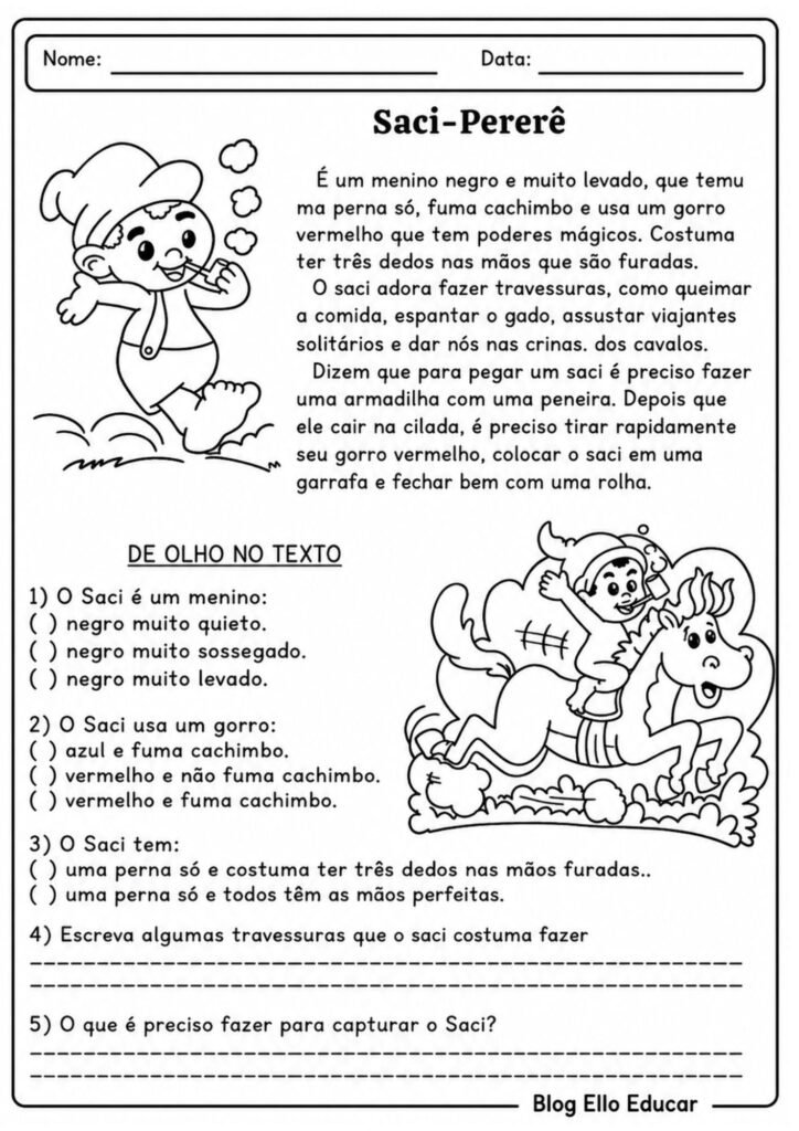 Leitura e interpretação de texto folclore 2° e 3° ano