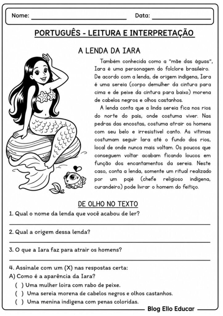 Leitura e interpretação de texto folclore 4° ano