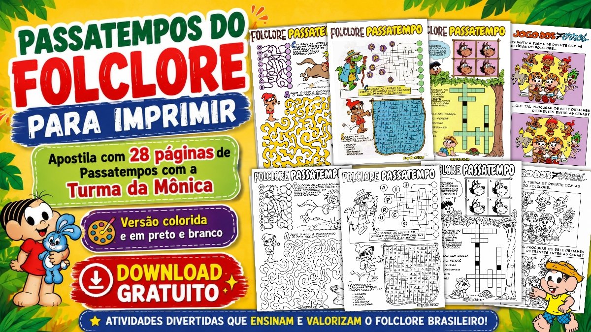 Passatempo do Folclore para imprimir: atividades divertidas com a Turma da Mônica