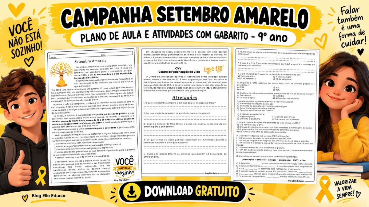 Atividades Setembro Amarelo 9º ano: material gratuito com gabarito