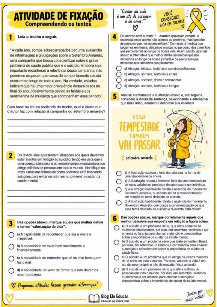 Atividades sobre Setembro Amarelo para anos finais