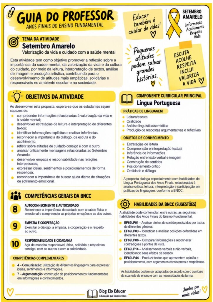 Atividades sobre Setembro Amarelo para anos finais