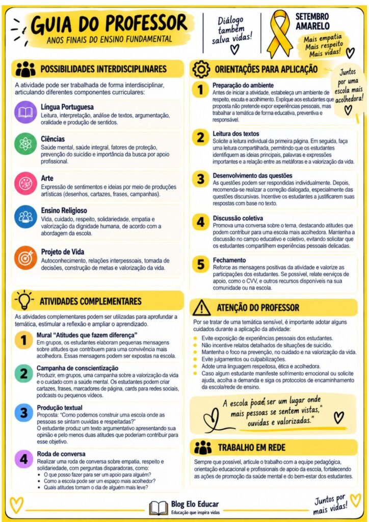 Atividades sobre Setembro Amarelo para anos finais