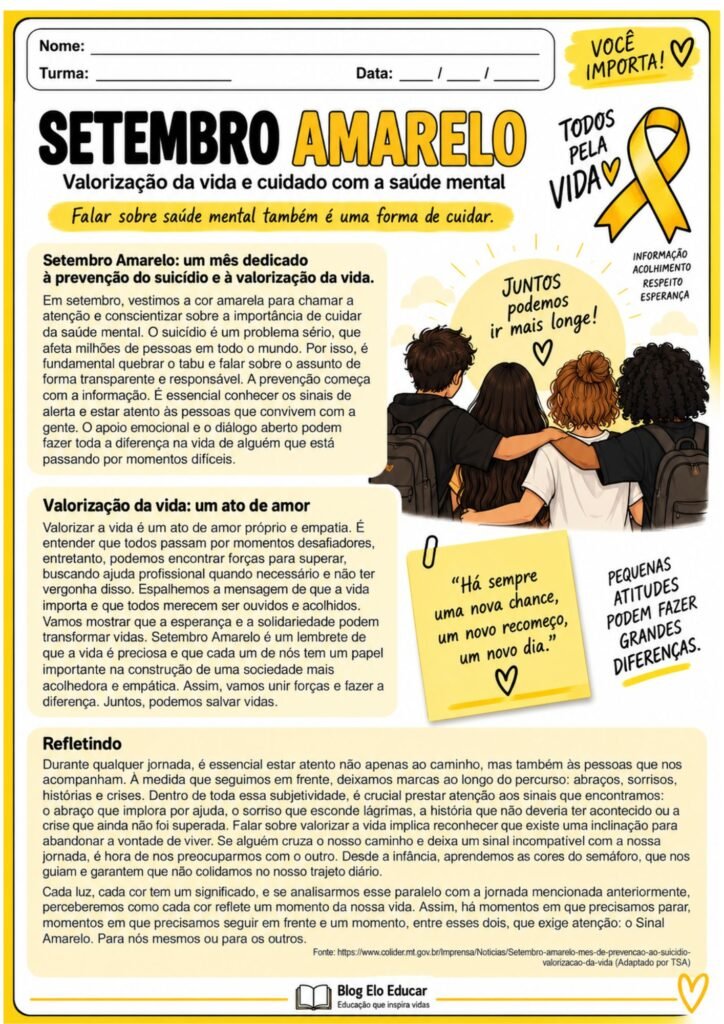 Atividades sobre Setembro Amarelo para anos finais