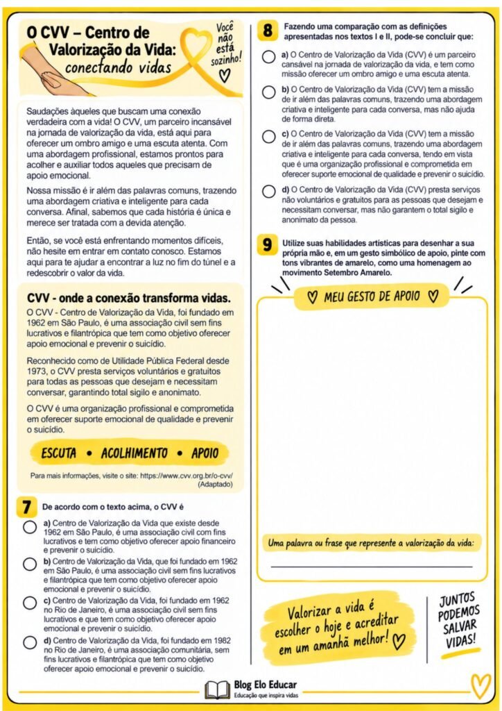 Atividades sobre Setembro Amarelo para anos finais