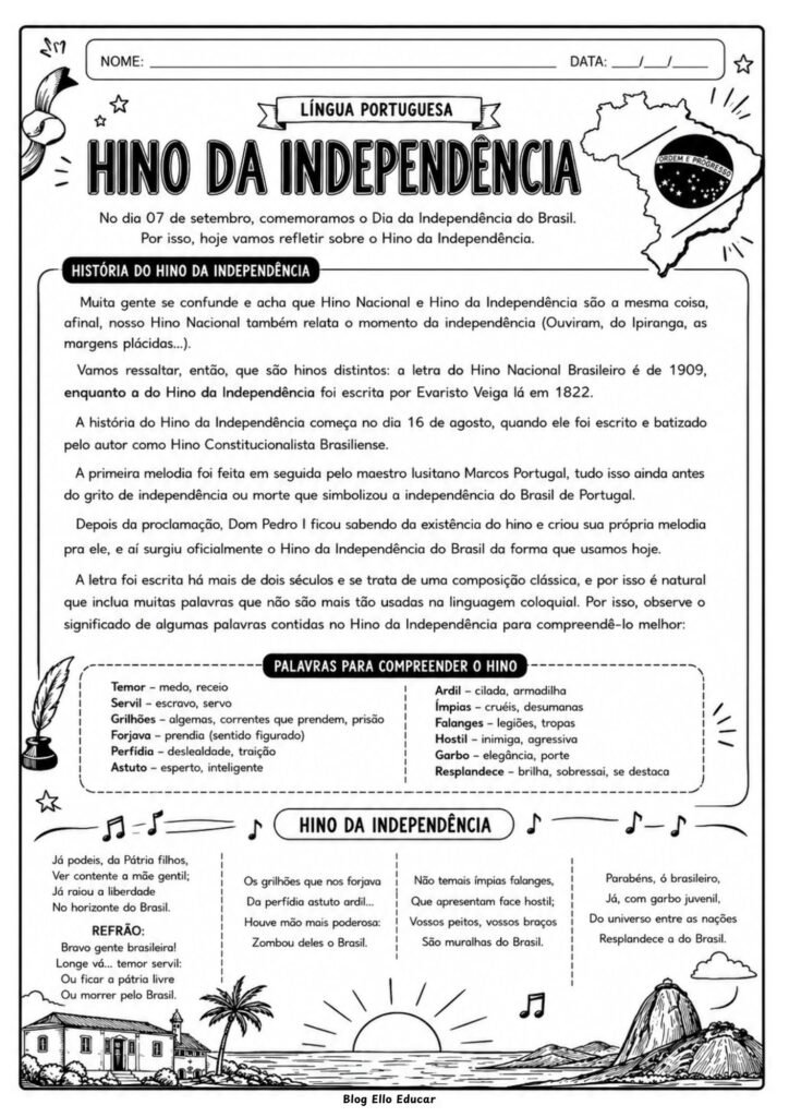 Atividades de Português com o Hino da independência