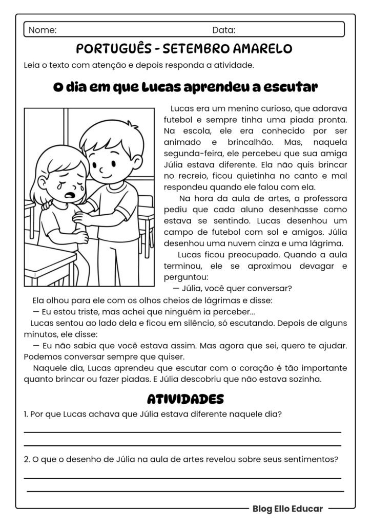 Atividades de Português sobre Setembro Amarelo