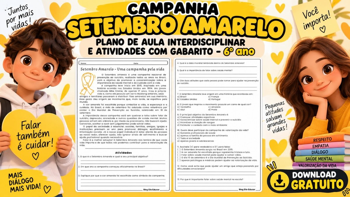 Atividades do Setembro Amarelo 6º ano: baixe PDF com gabarito + Plano de aula