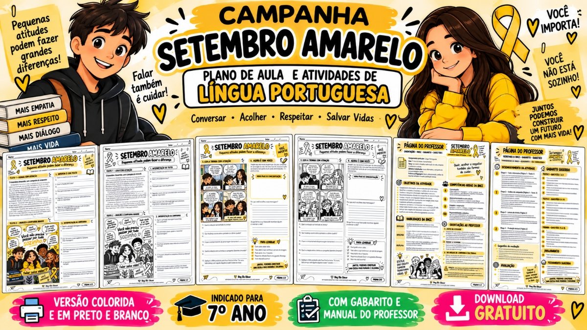 Atividades do Setembro Amarelo de português para 7º ano: interpretação, campanha e produção textual