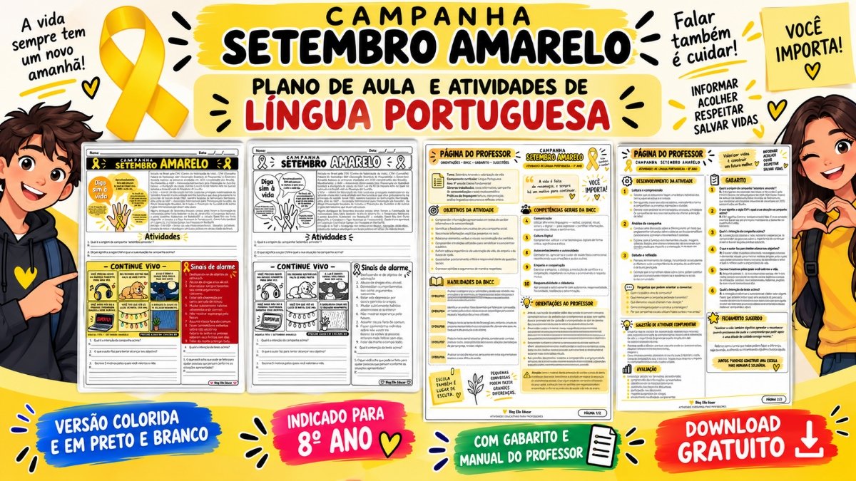 Atividades do Setembro Amarelo de português para 8º ano: PDF gratuito com gabarito
