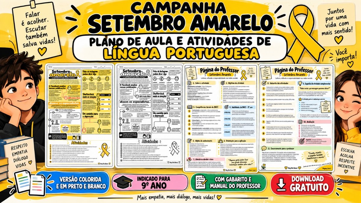Atividades do Setembro Amarelo de português para 9º ano: leitura, reflexão e cidadania digital