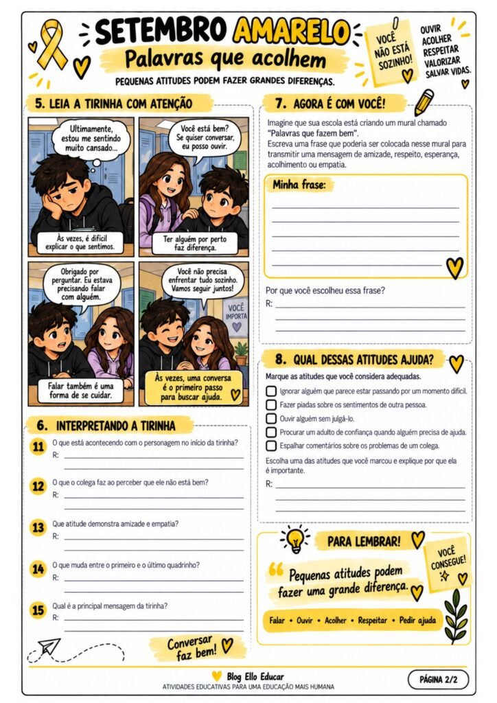Atividades do Setembro Amarelo de português para 6º ano