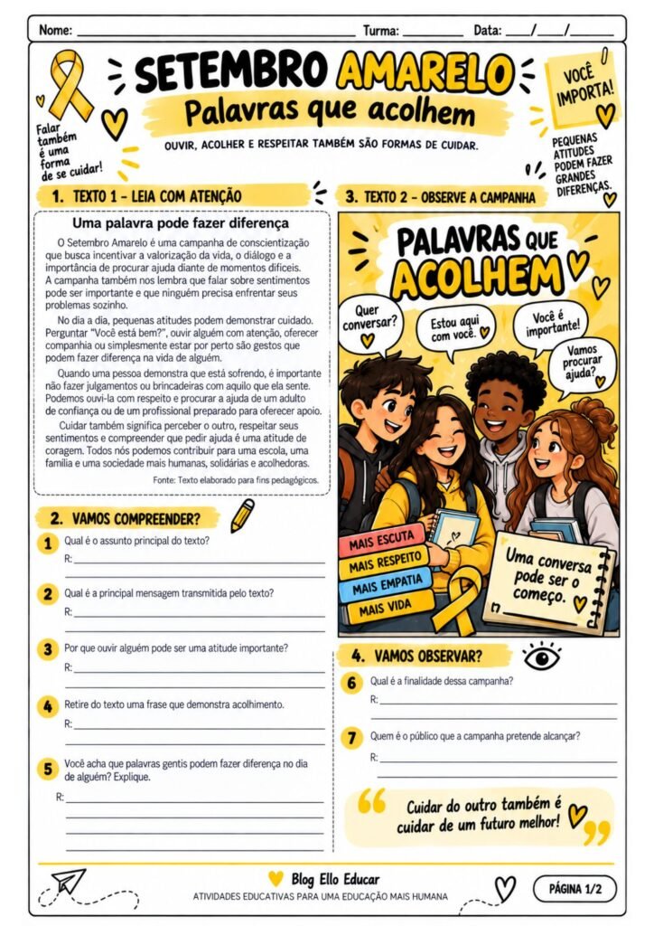 Atividades do Setembro Amarelo de português para 6º ano