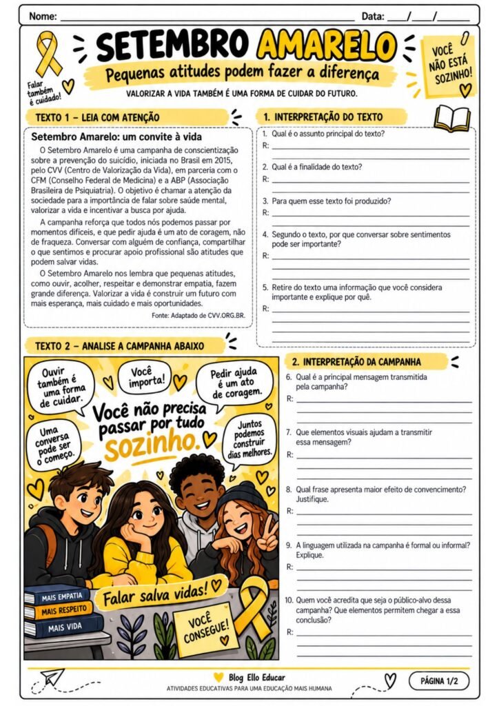 Atividades do Setembro Amarelo de português para 7º ano