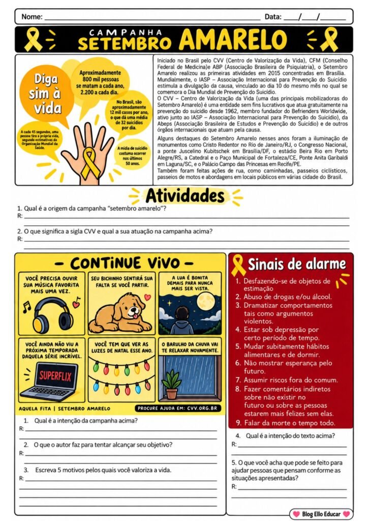 Atividades do Setembro Amarelo de Português para 8º ano