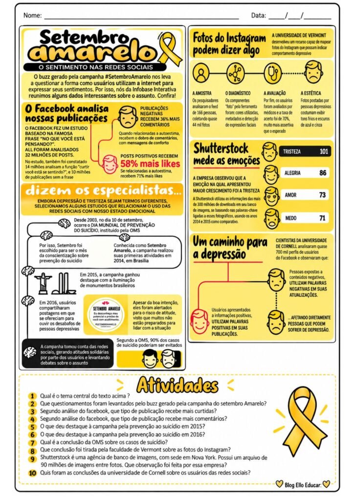 Atividades do Setembro Amarelo de Português para 9º ano