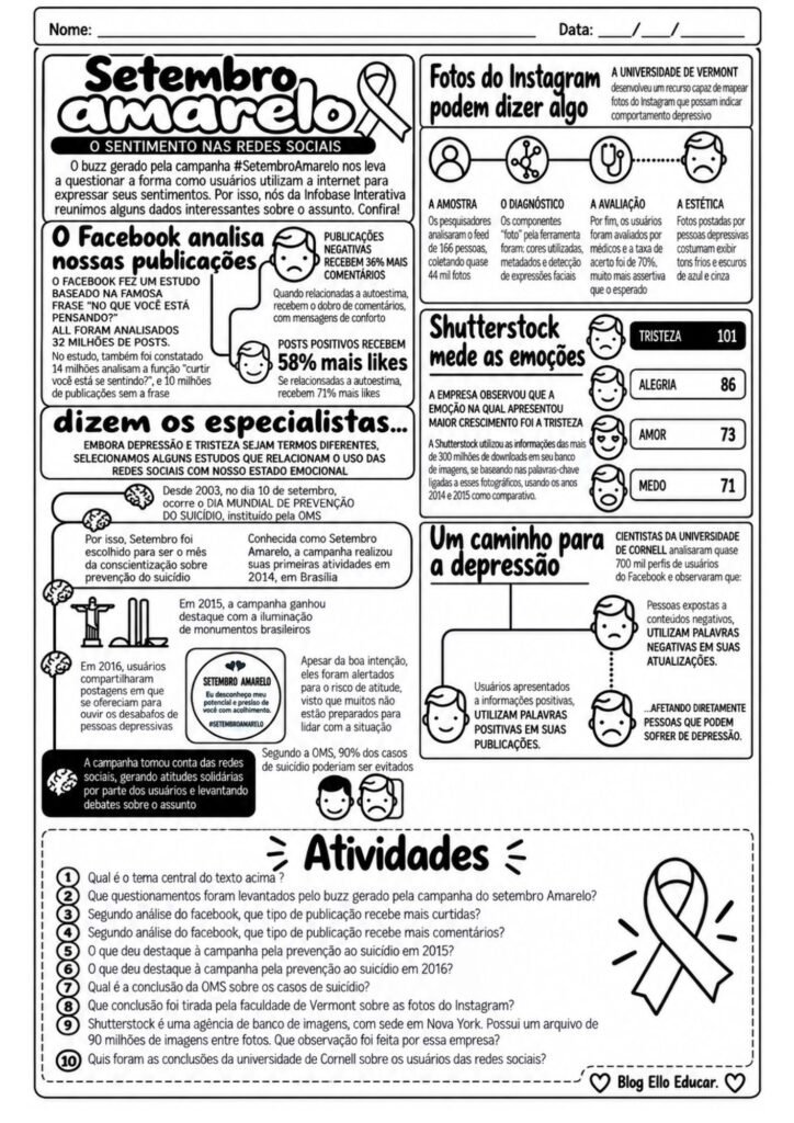 Atividades do Setembro Amarelo de Português para 9º ano