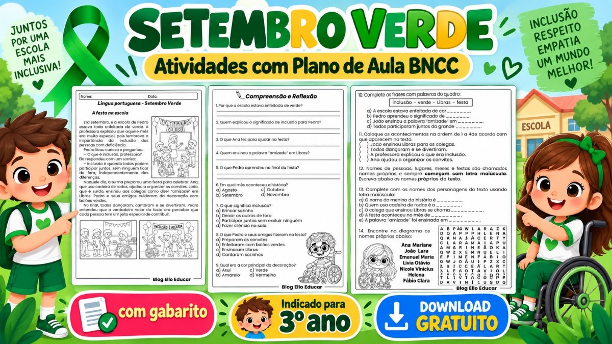Atividades do Setembro Verde 3º ano: Português com interpretação e gramática