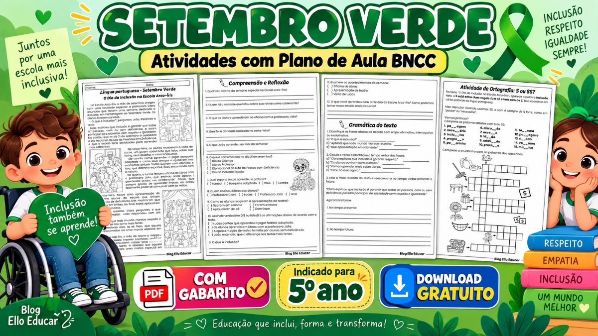 Atividades do Setembro Verde 5º ano: Língua Portuguesa com texto, interpretação, gramática e ortografia