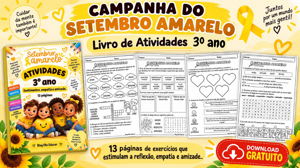 Atividades sobre Setembro Amarelo 3º ano: apostila gratuita para trabalhar emoções, empatia e amizade