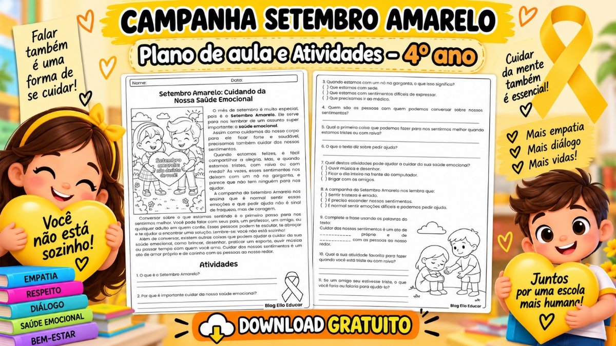 Atividades sobre Setembro Amarelo para 4º ano: material gratuito com gabarito