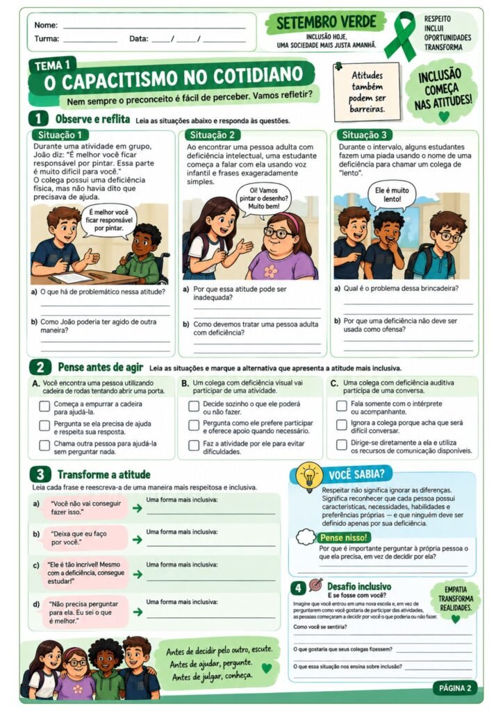 Atividades sobre Setembro Verde para 7º ano