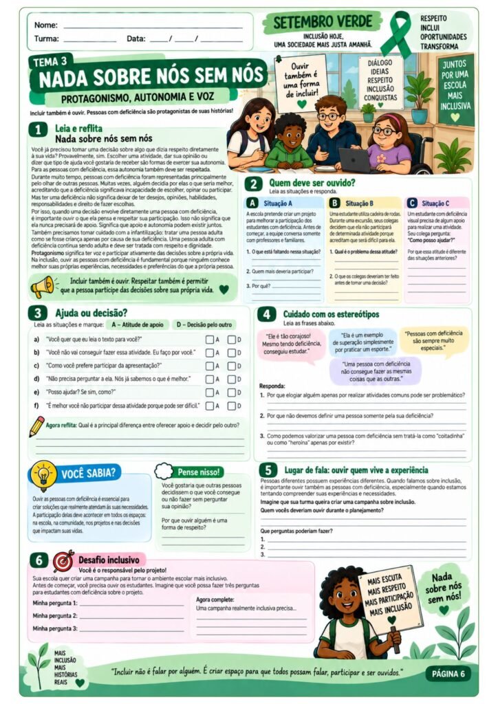 Atividades sobre Setembro Verde para 7º ano