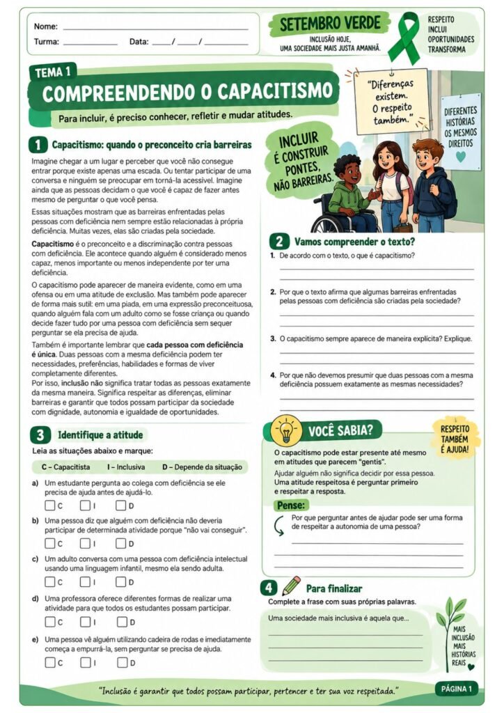 Atividades sobre Setembro Verde para 7º ano