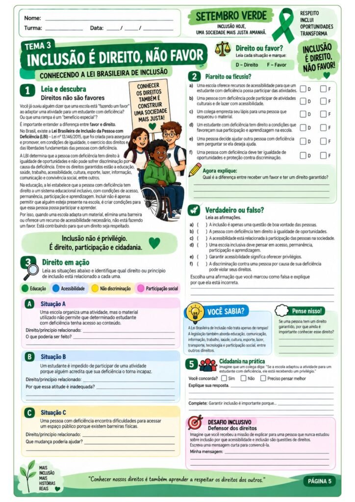 Atividades sobre Setembro Verde para 7º ano