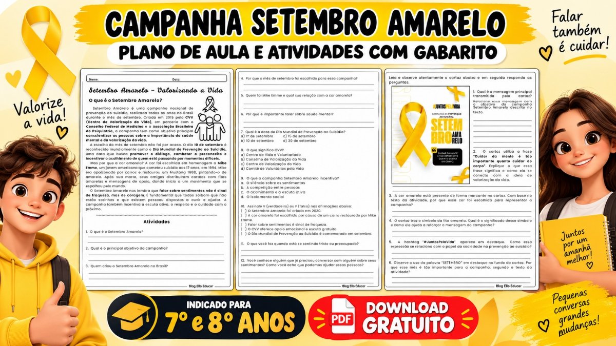 Atividades sobre Setembro Amarelo para 7º e 8º anos: texto, interpretação e reflexão