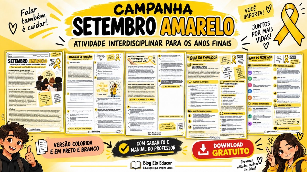Atividades Setembro Amarelo para anos finais: material gratuito com gabarito