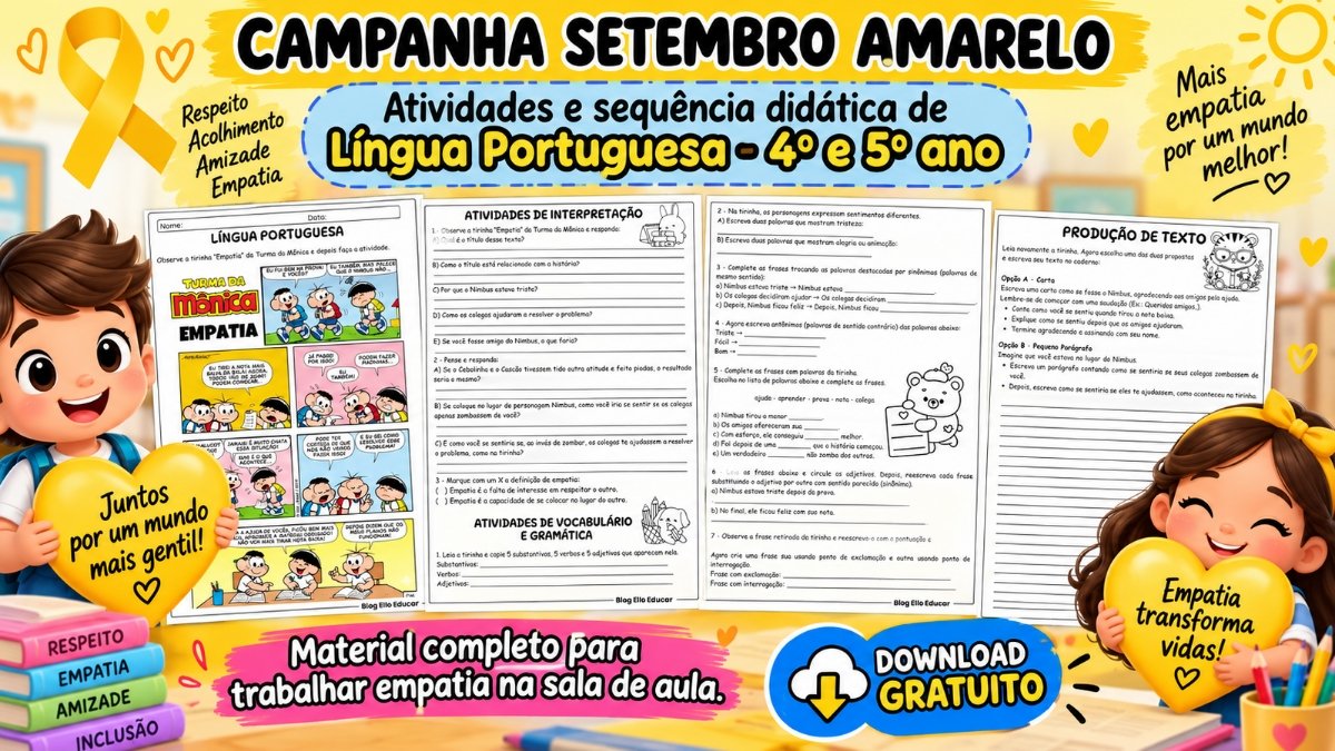 Atividades do Setembro Amarelo para imprimir: Português, empatia e produção de texto para 4º e 5º ano