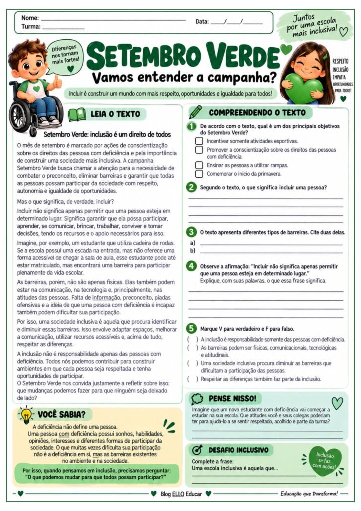 Atividades sobre Setembro Verde para 6º ano