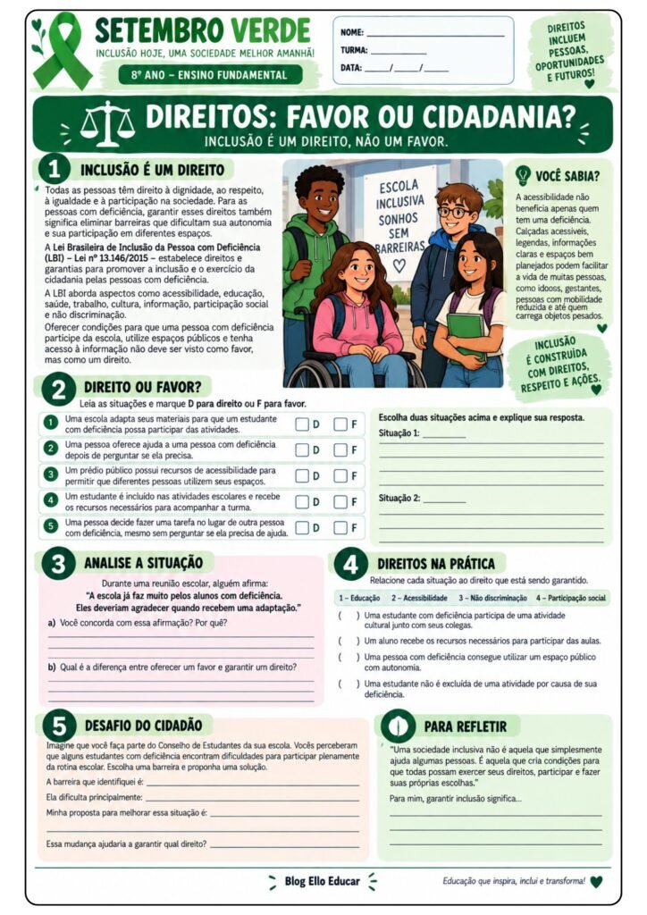 Atividades sobre Setembro Verde para 8° ano