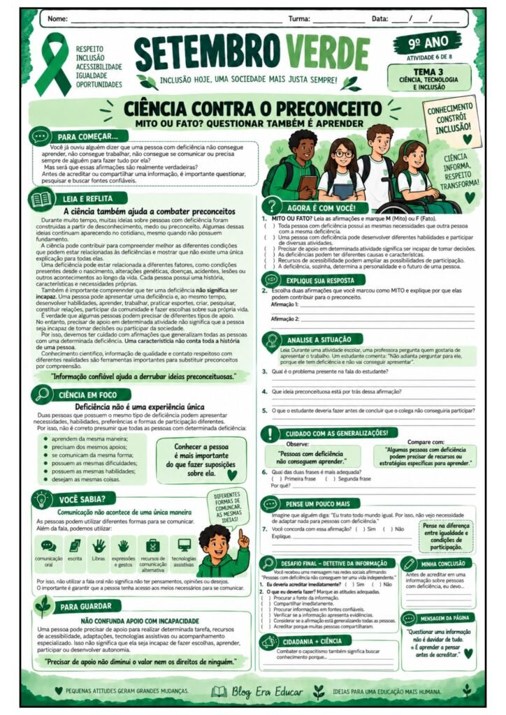 Atividades sobre Setembro Verde para 9º ano