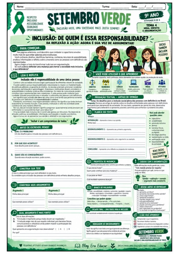 Atividades sobre Setembro Verde para 9º ano