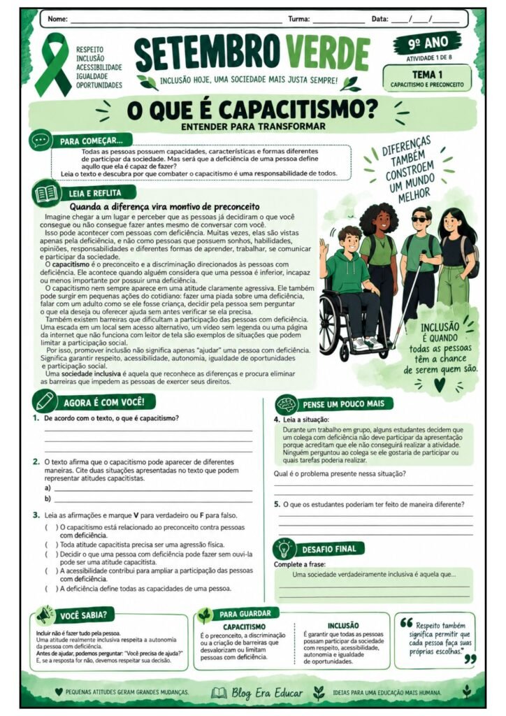 Atividades sobre Setembro Verde para 9º ano