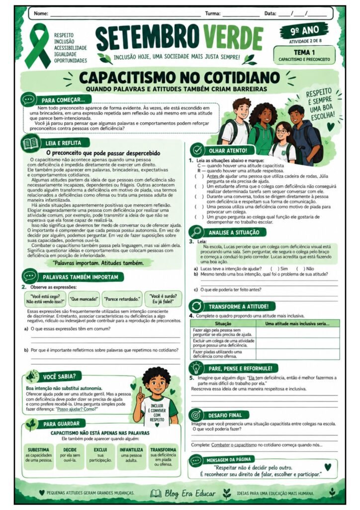 Atividades sobre Setembro Verde para 9º ano