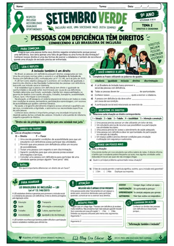 Atividades sobre Setembro Verde para 9º ano