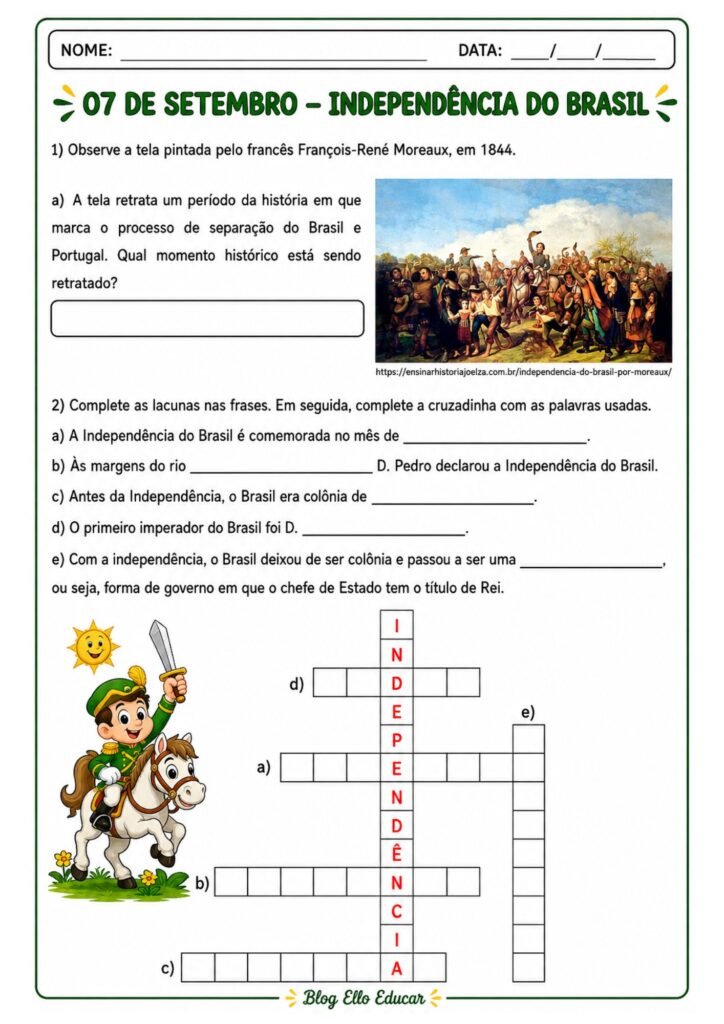 Cruzadinha da Independência do Brasil com resposta