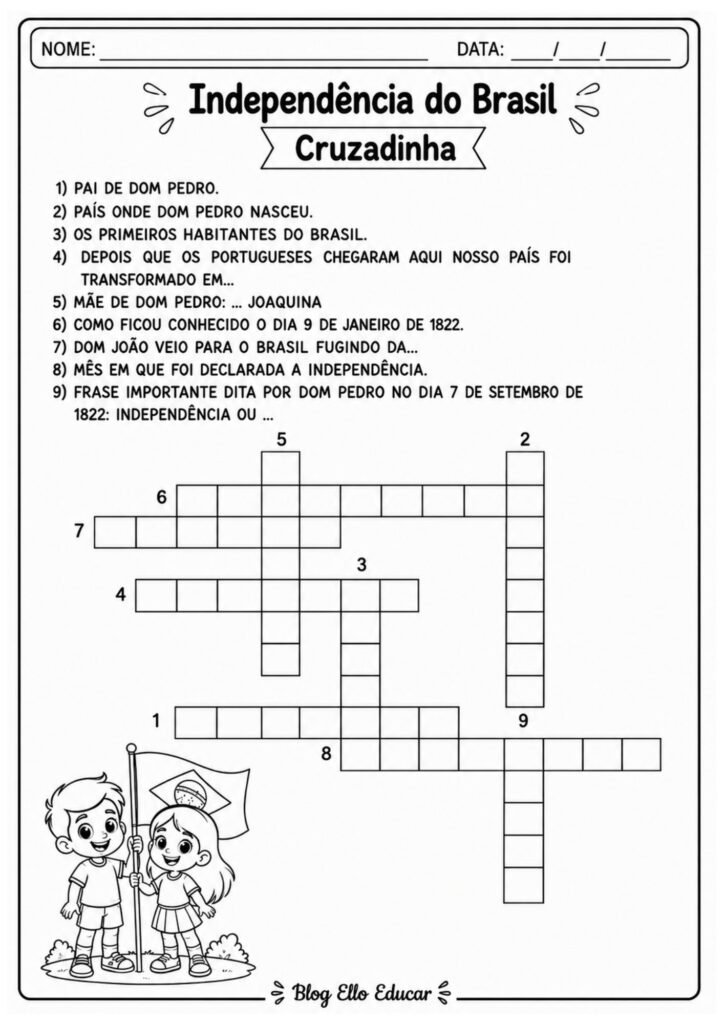 Cruzadinha da Independência do Brasil com resposta