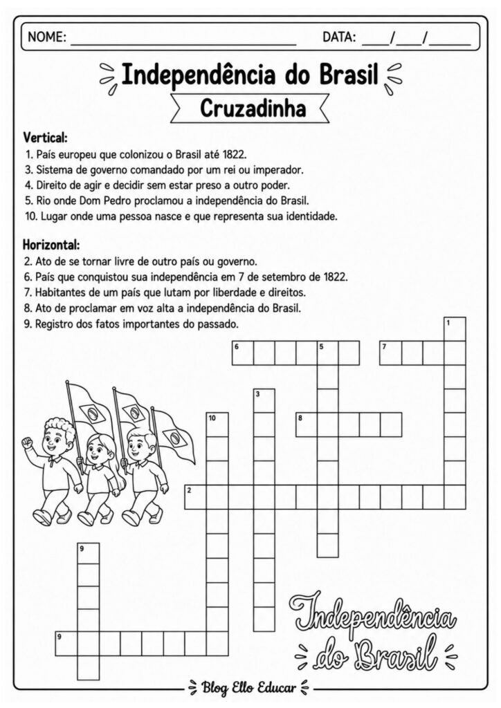 Cruzadinha da Independência do Brasil com resposta