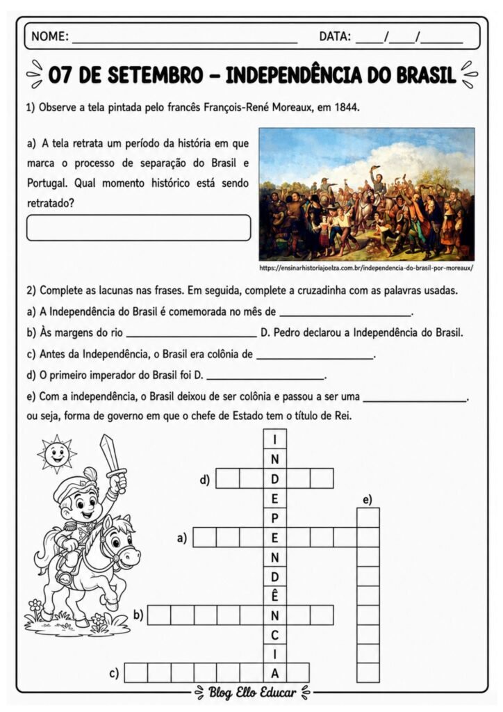 Cruzadinha da Independência do Brasil com resposta