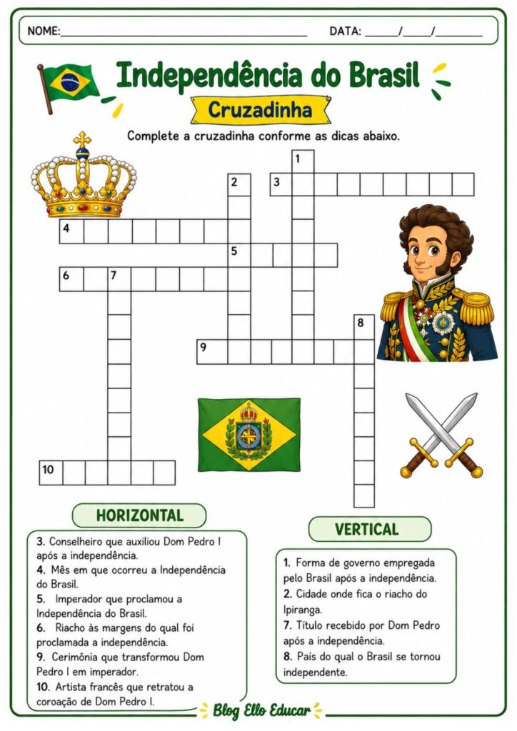 Cruzadinha da Independência do Brasil com resposta