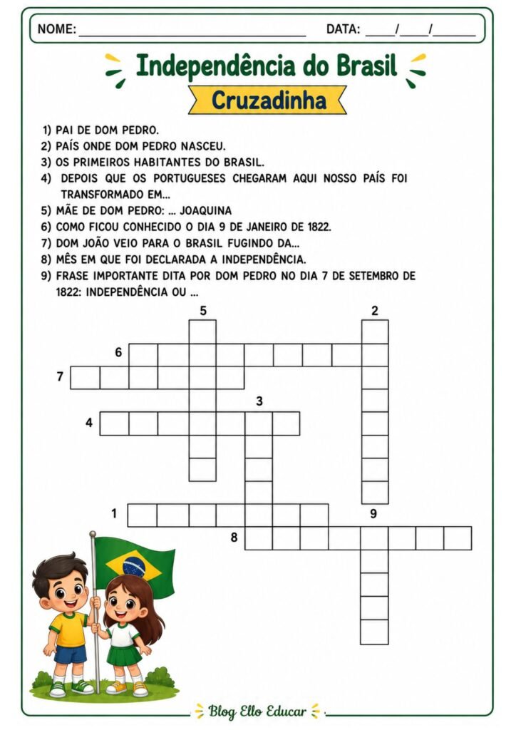 Cruzadinha da Independência do Brasil com resposta