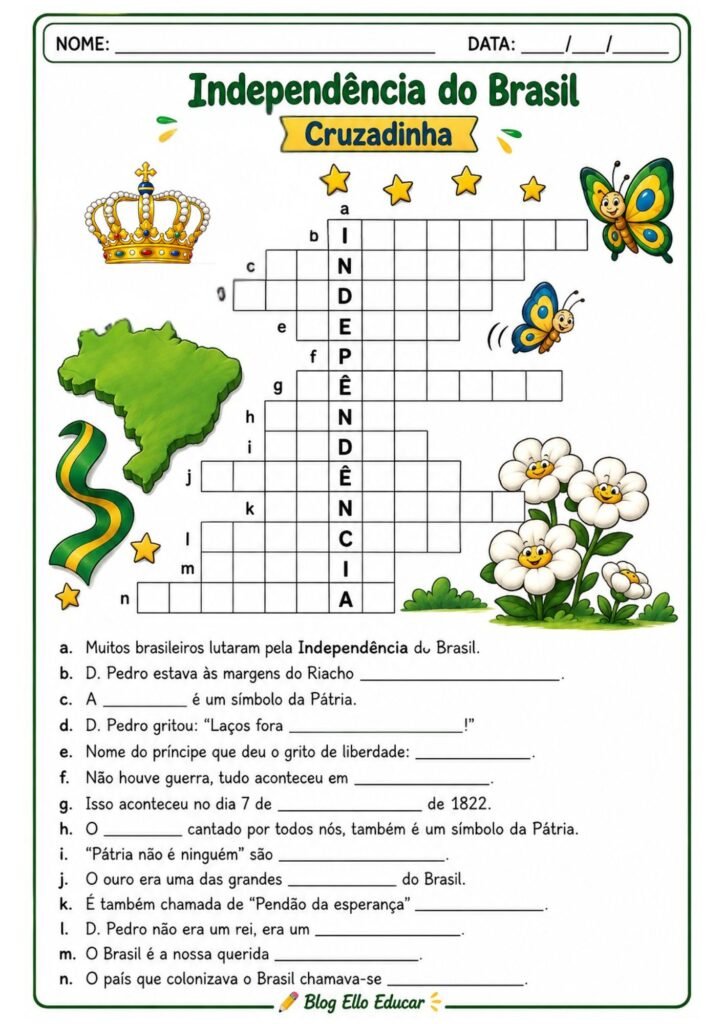 Cruzadinha da Independência do Brasil com resposta
