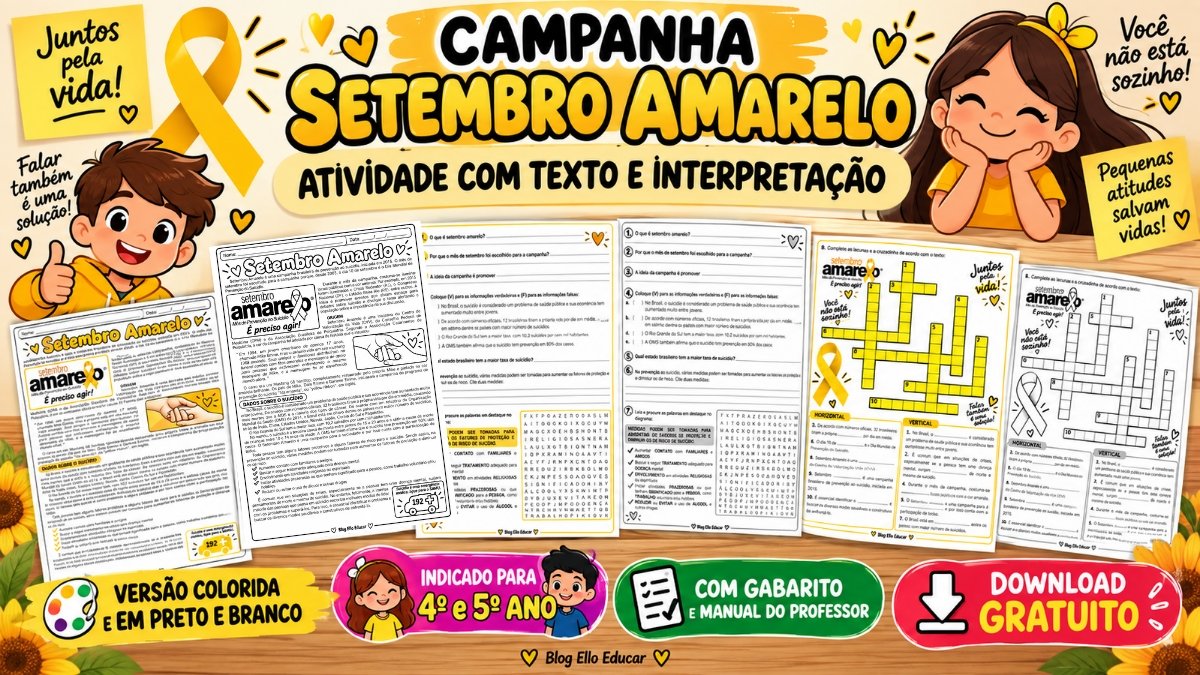 Texto sobre Setembro Amarelo com interpretação: atividade para 4º e 5º ano