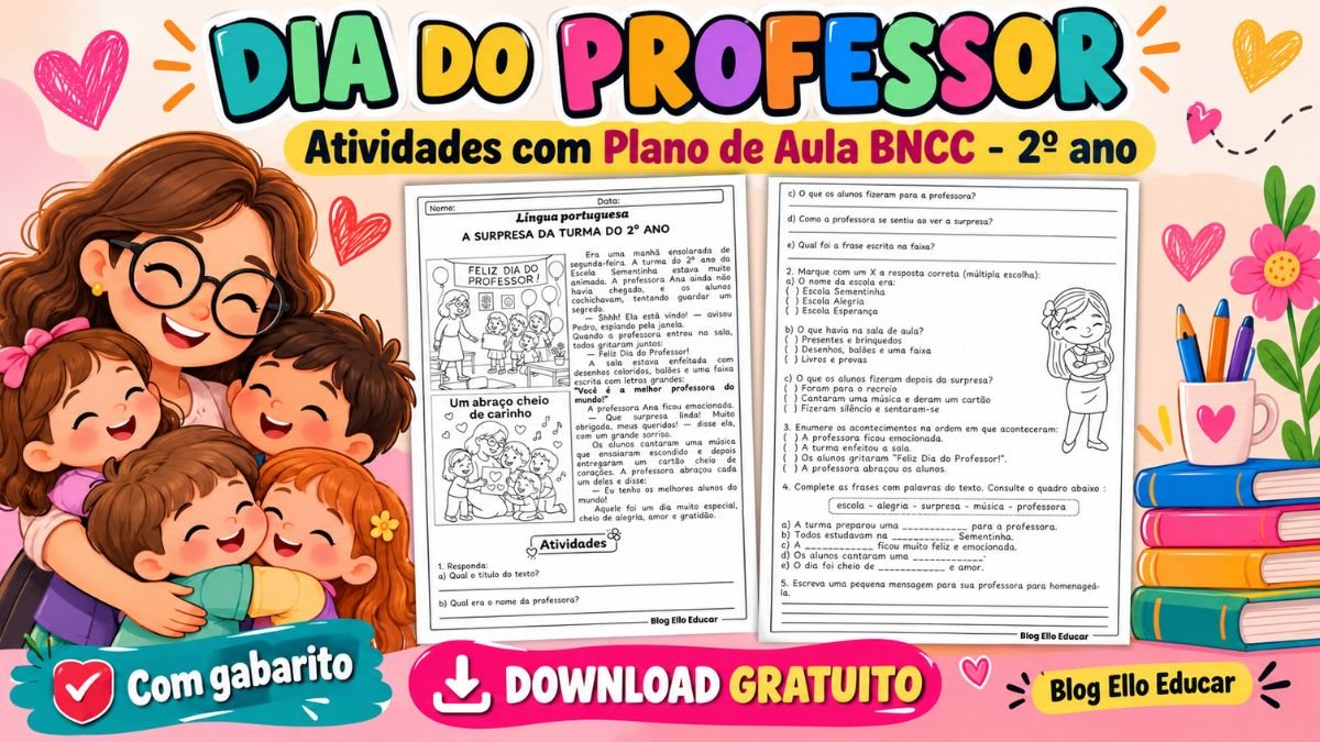 Atividades do Dia do Professor 2º ano: PDF gratuito de Língua Portuguesa com plano de aula